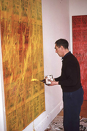 Derek Jarman painting at Richard Salmon's Studios, South Edwardes Square, 1992